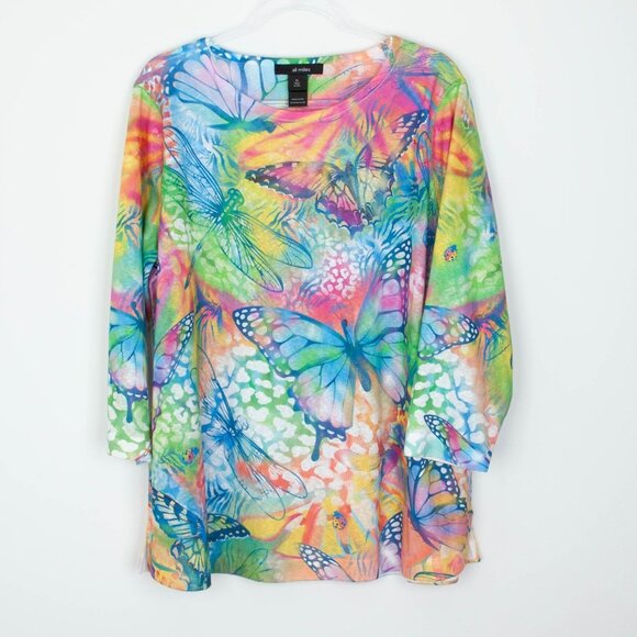 Ali Miles Womens Butterfly Print Tunic Top Size XL 3/4 Sleeve Artsy Colorful - Picture 1 of 7